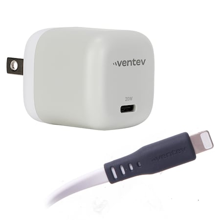 Ventev 20w Pd Usb C Mini Wall Charger And Usb C To Apple Lightning Cable 3.3ft, White WC20-CL261498